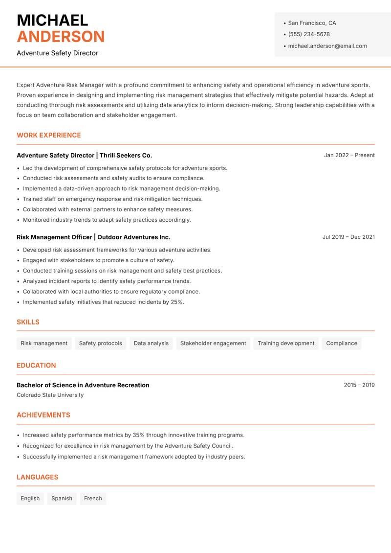 Adventure Risk Manager resume template — Modern Professional