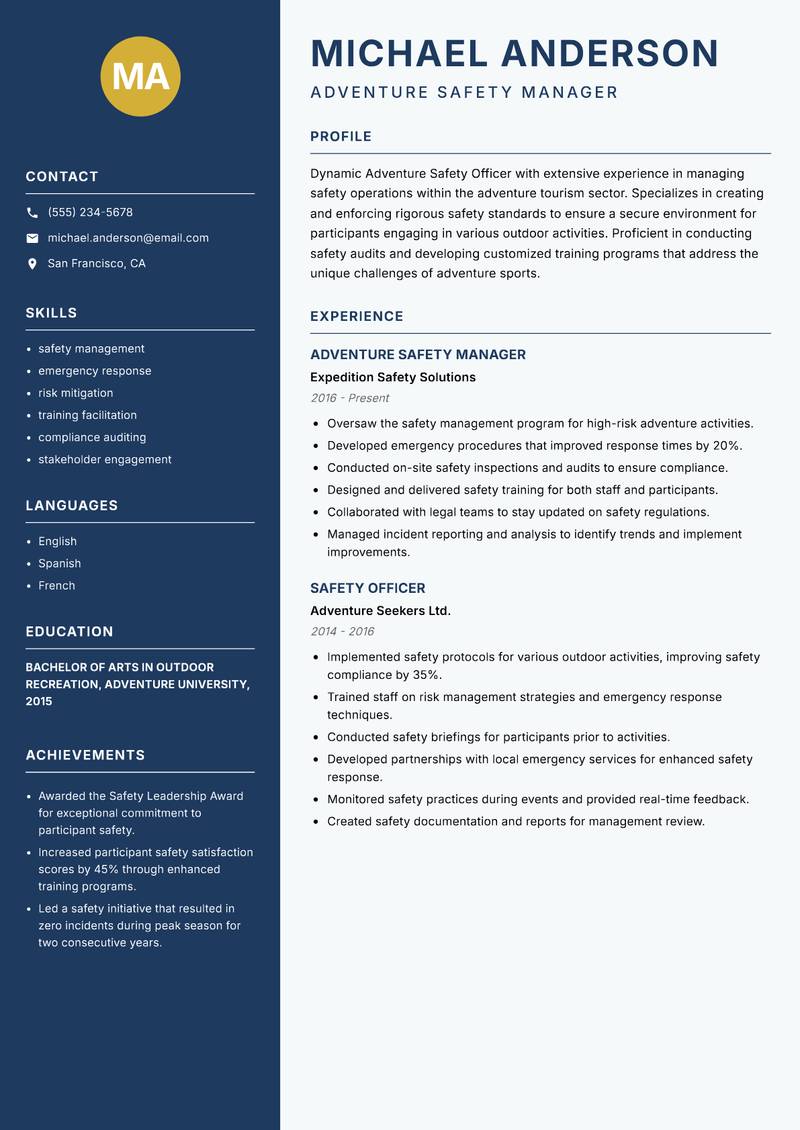 Adventure Safety Officer resume template — Classic Clean