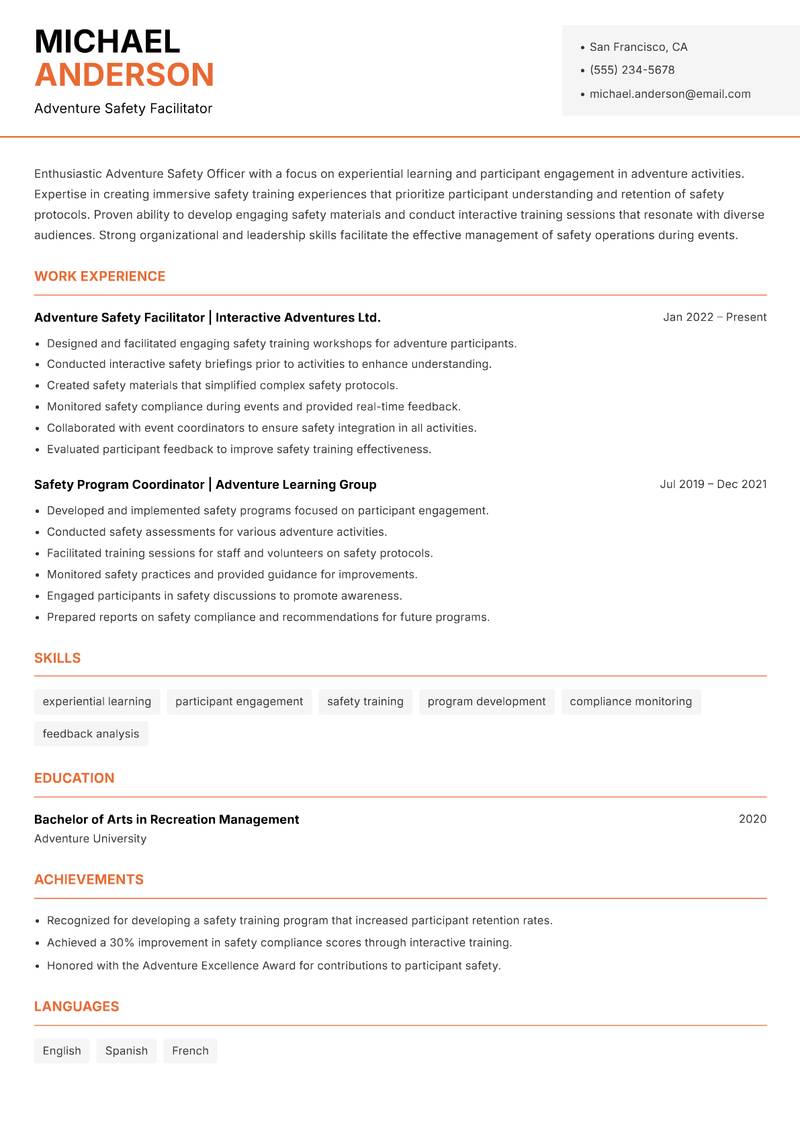 Adventure Safety Officer resume template — Modern Professional