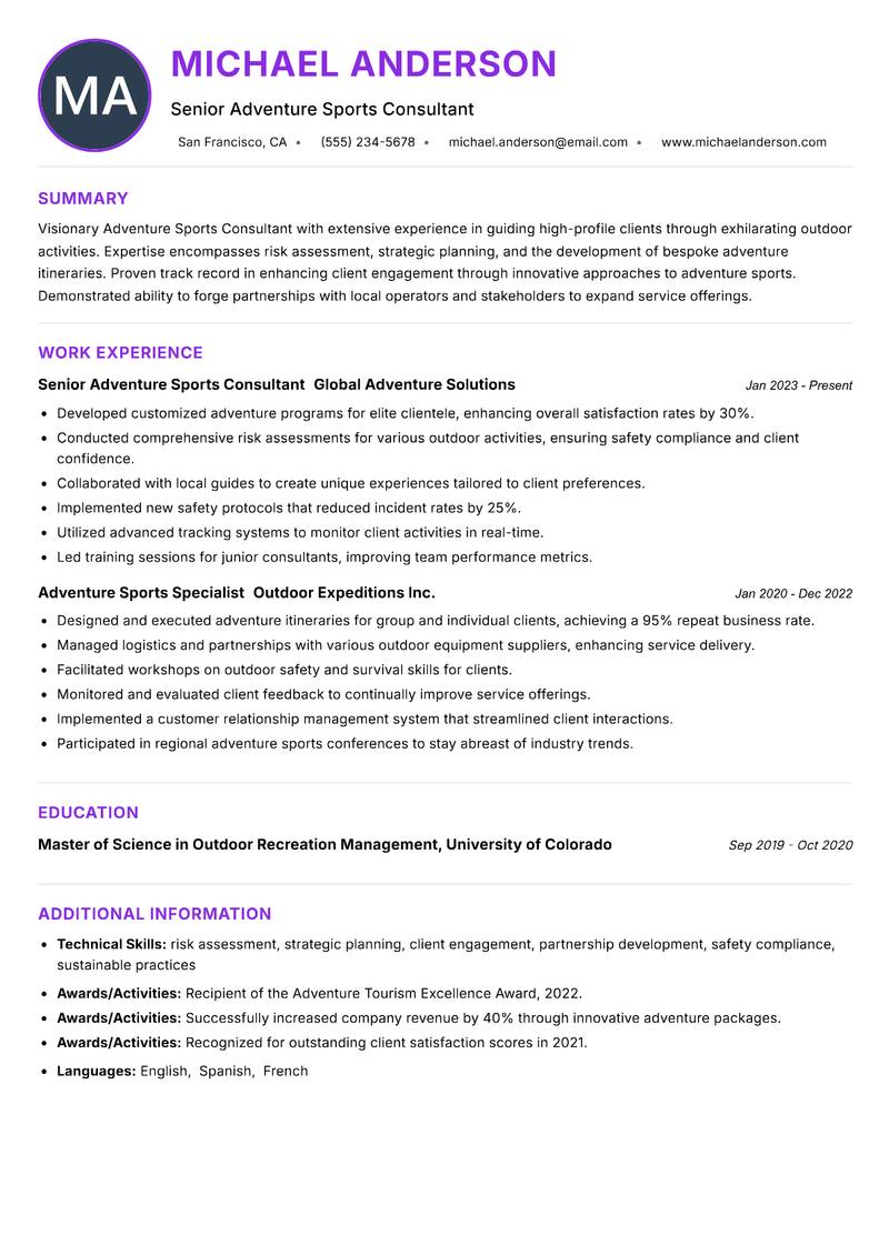 Adventure Sports Consultant resume example — ATS-friendly template