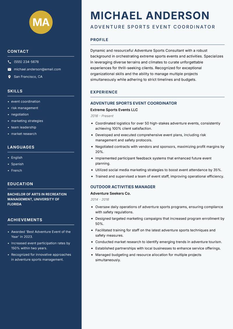 Adventure Sports Consultant resume template — Classic Clean
