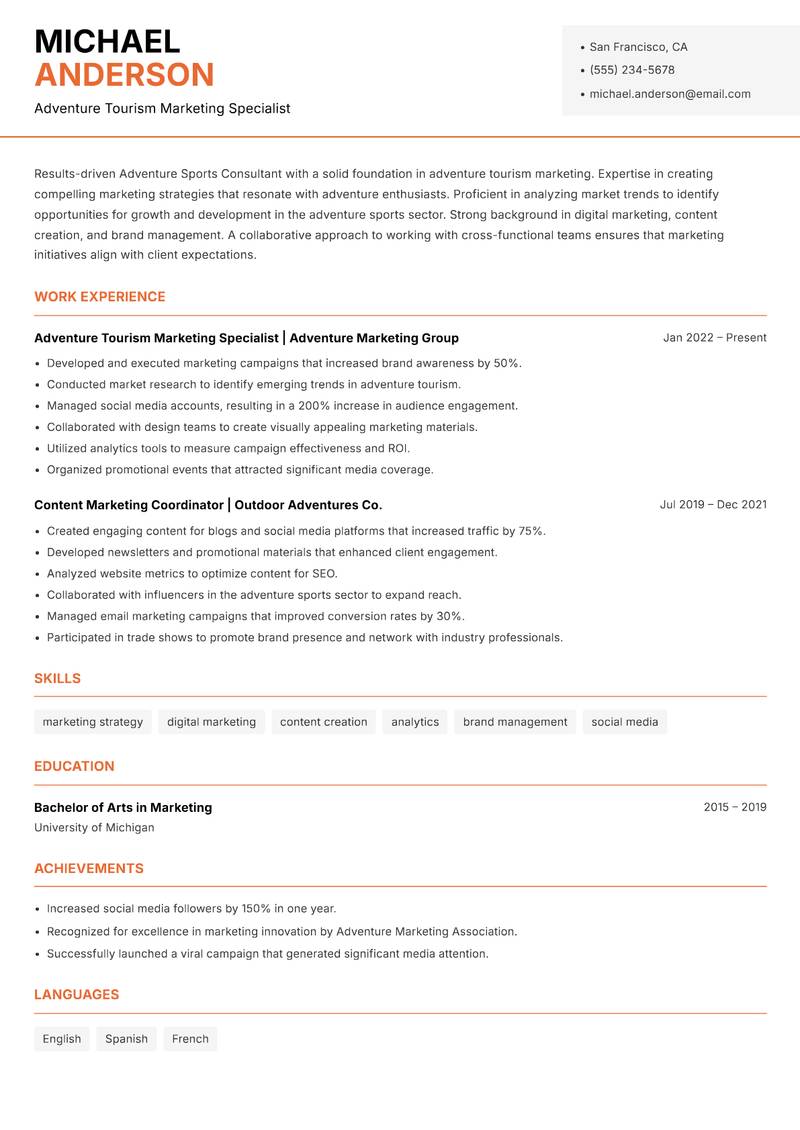 Adventure Sports Consultant resume template — Modern Professional