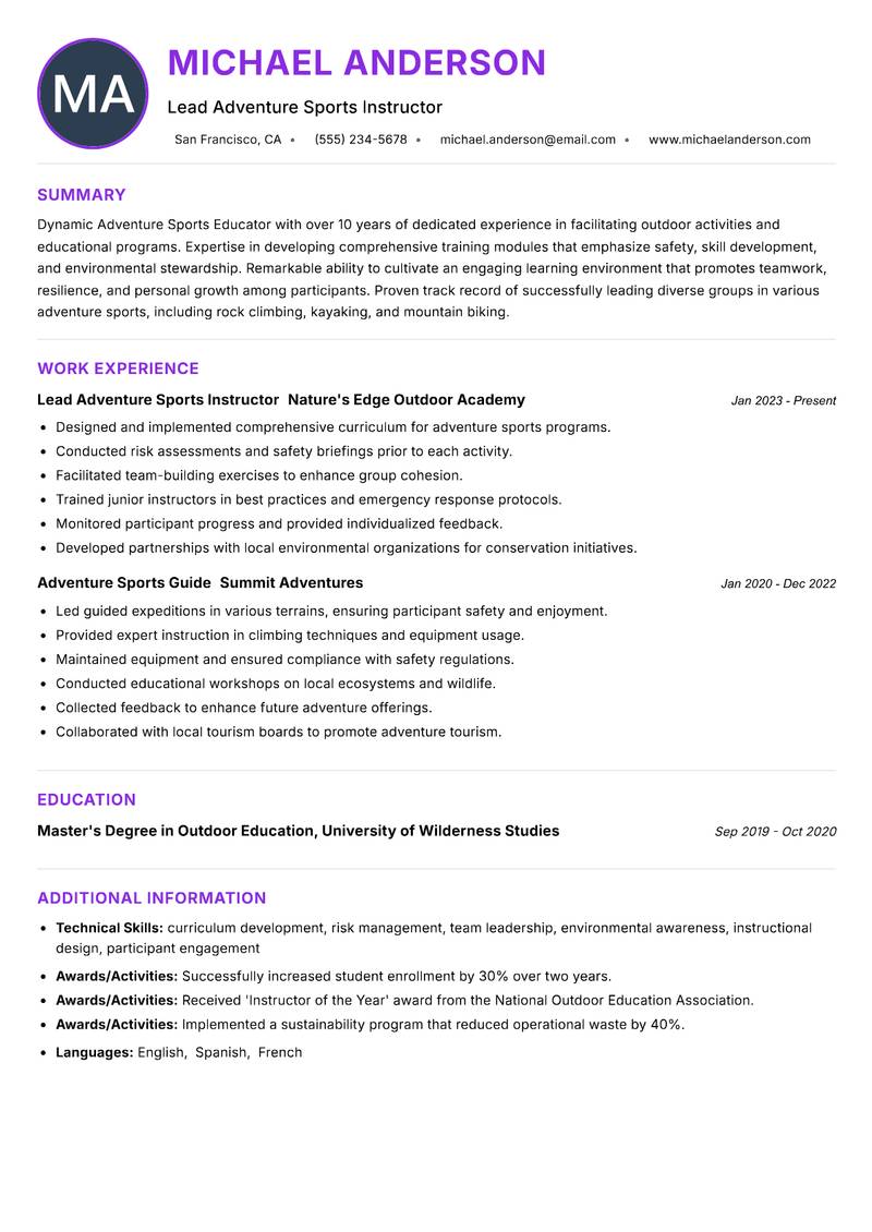 Adventure Sports Educator resume example — ATS-friendly template