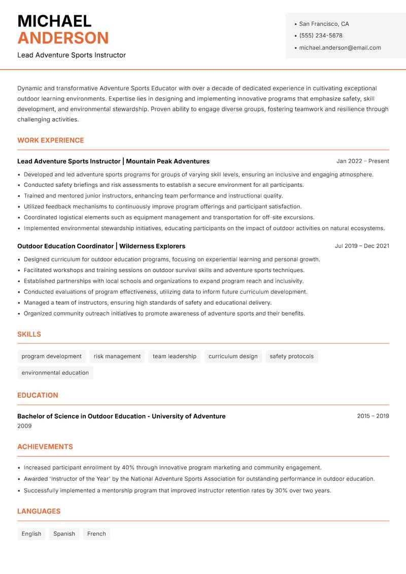 Adventure Sports Educator resume template — Modern Professional