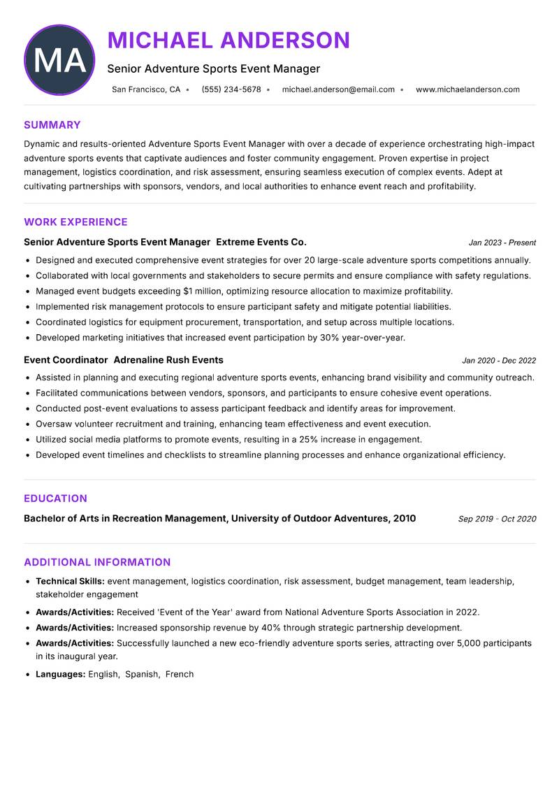 Adventure Sports Event Manager resume example — ATS-friendly template