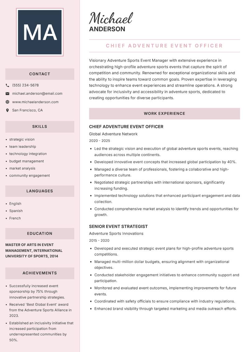 Adventure Sports Event Manager resume template — Executive