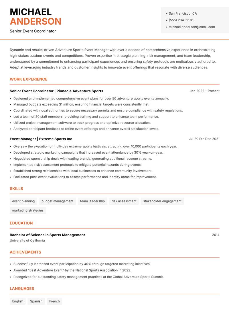 Adventure Sports Event Manager resume template — Modern Professional