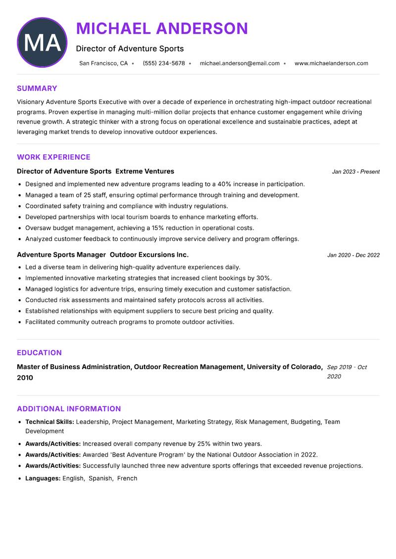 Adventure Sports Executive resume example — ATS-friendly template