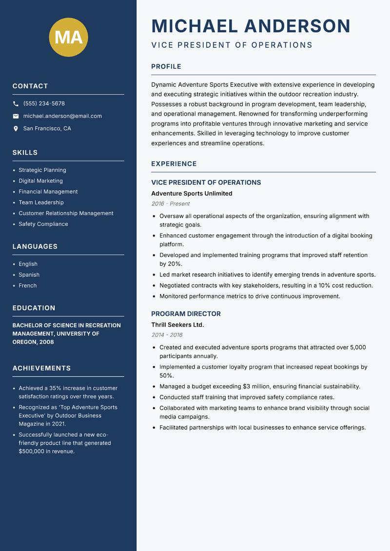 Adventure Sports Executive resume template — Classic Clean