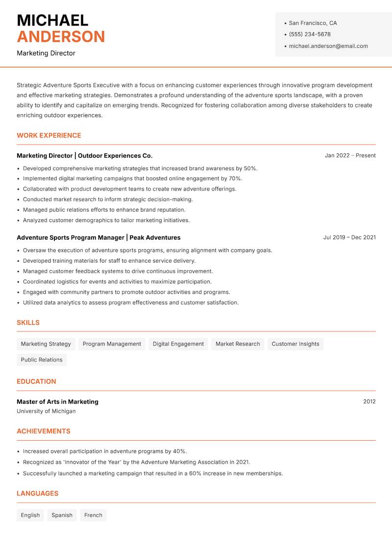Adventure Sports Executive resume template — Modern Professional