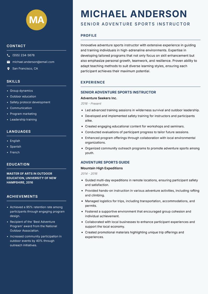 Adventure Sports Instructor resume template — Classic Clean