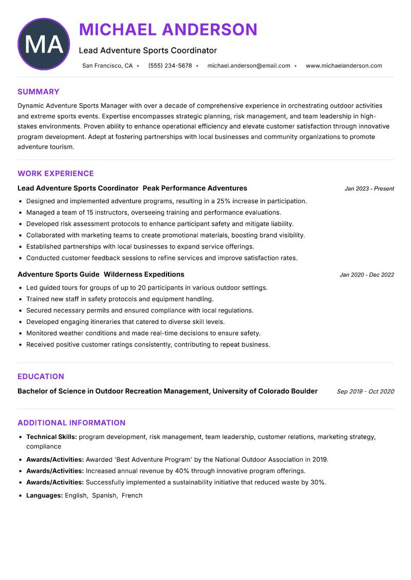 Adventure Sports Manager resume example — ATS-friendly template