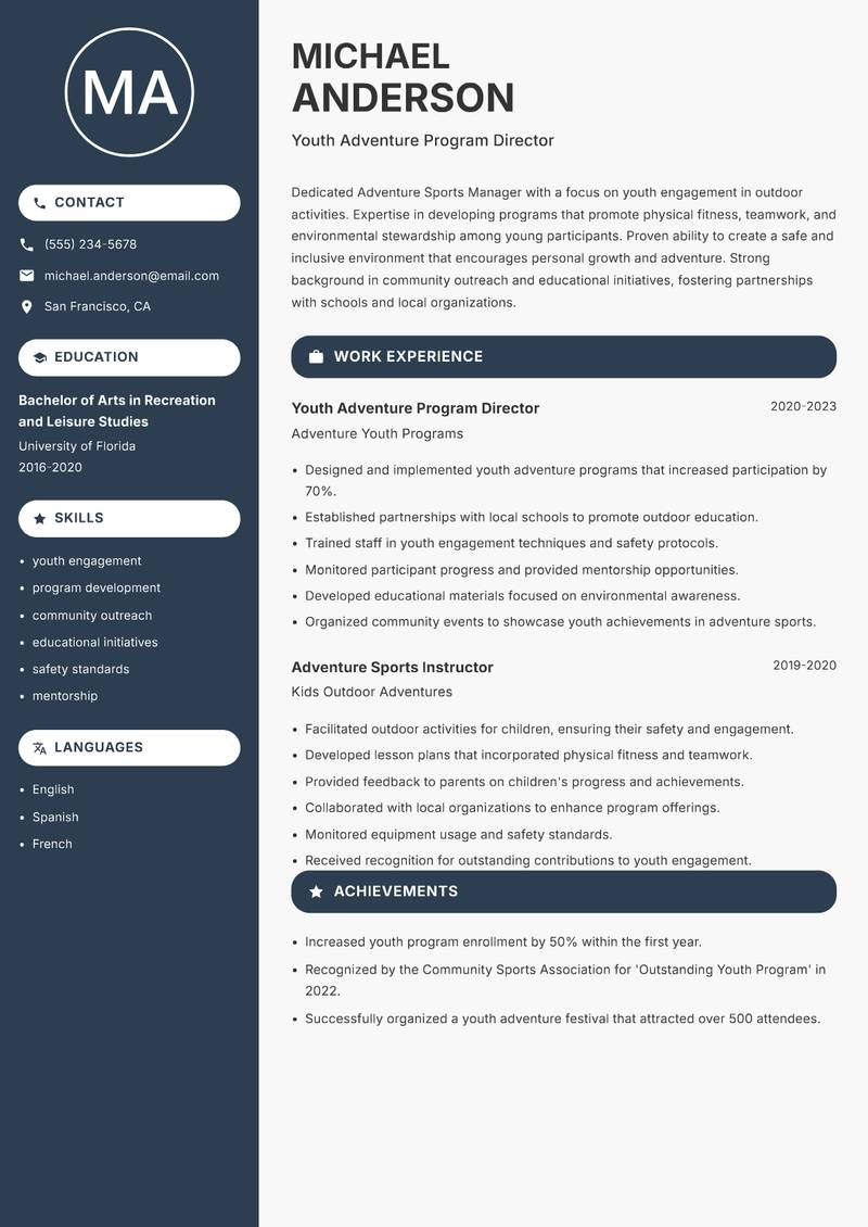 Adventure Sports Manager resume template — Compact