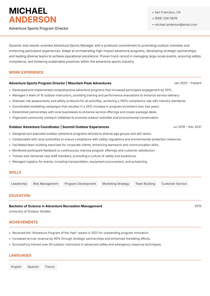 Adventure Sports Manager resume template — Modern Professional