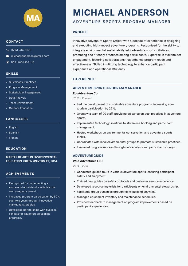 Adventure Sports Officer resume template — Classic Clean