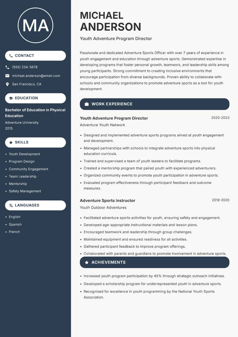 Adventure Sports Officer resume template — Compact