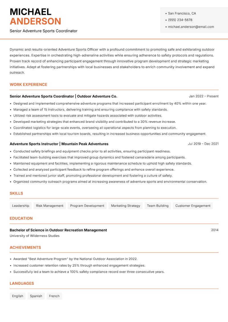 Adventure Sports Officer resume template — Modern Professional