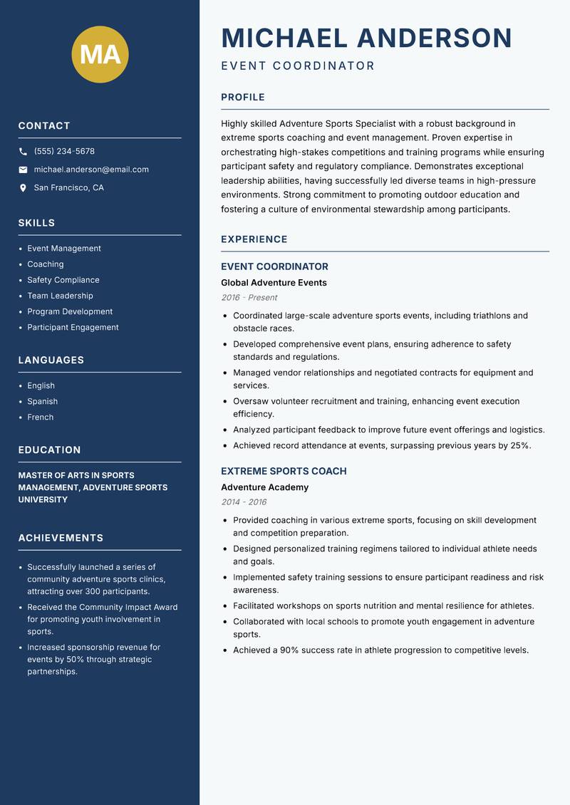 Adventure Sports Specialist resume template — Classic Clean