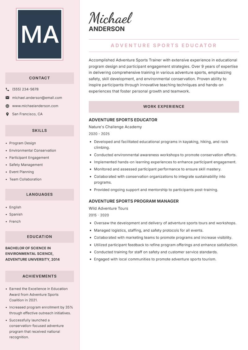 Adventure Sports Trainer resume template — Executive