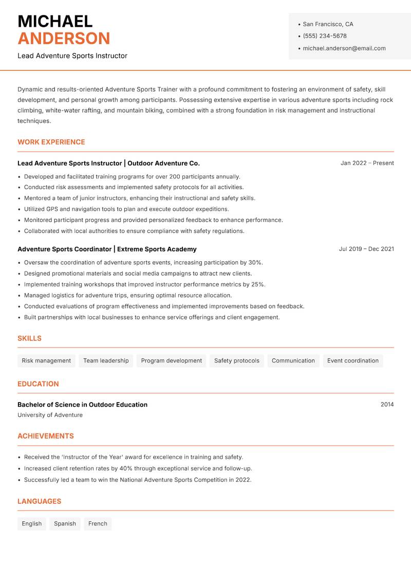 Adventure Sports Trainer resume template — Modern Professional