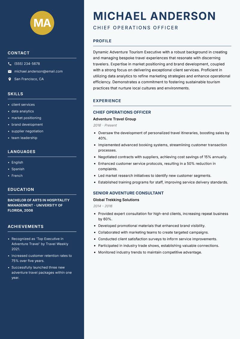 Adventure Tourism Executive resume template — Classic Clean