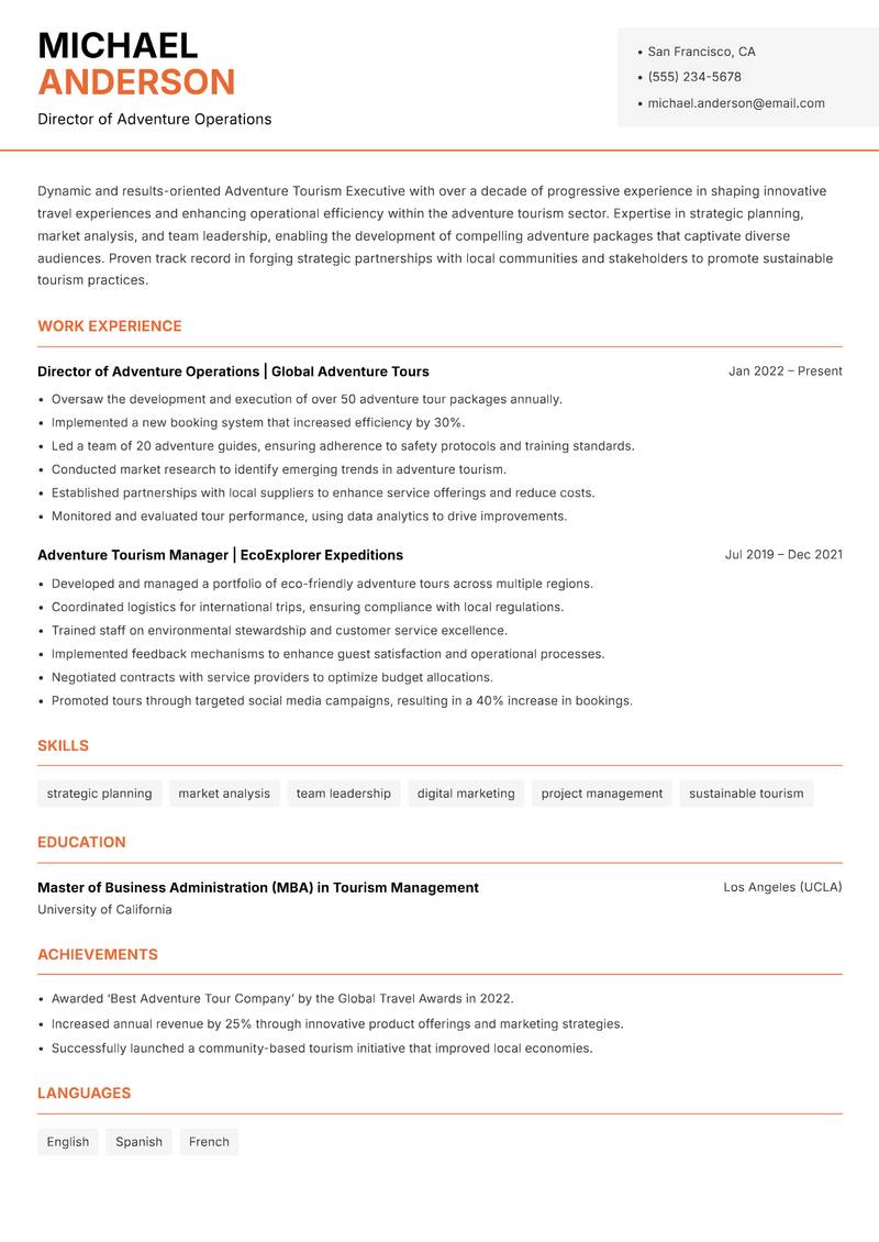 Adventure Tourism Executive resume template — Modern Professional