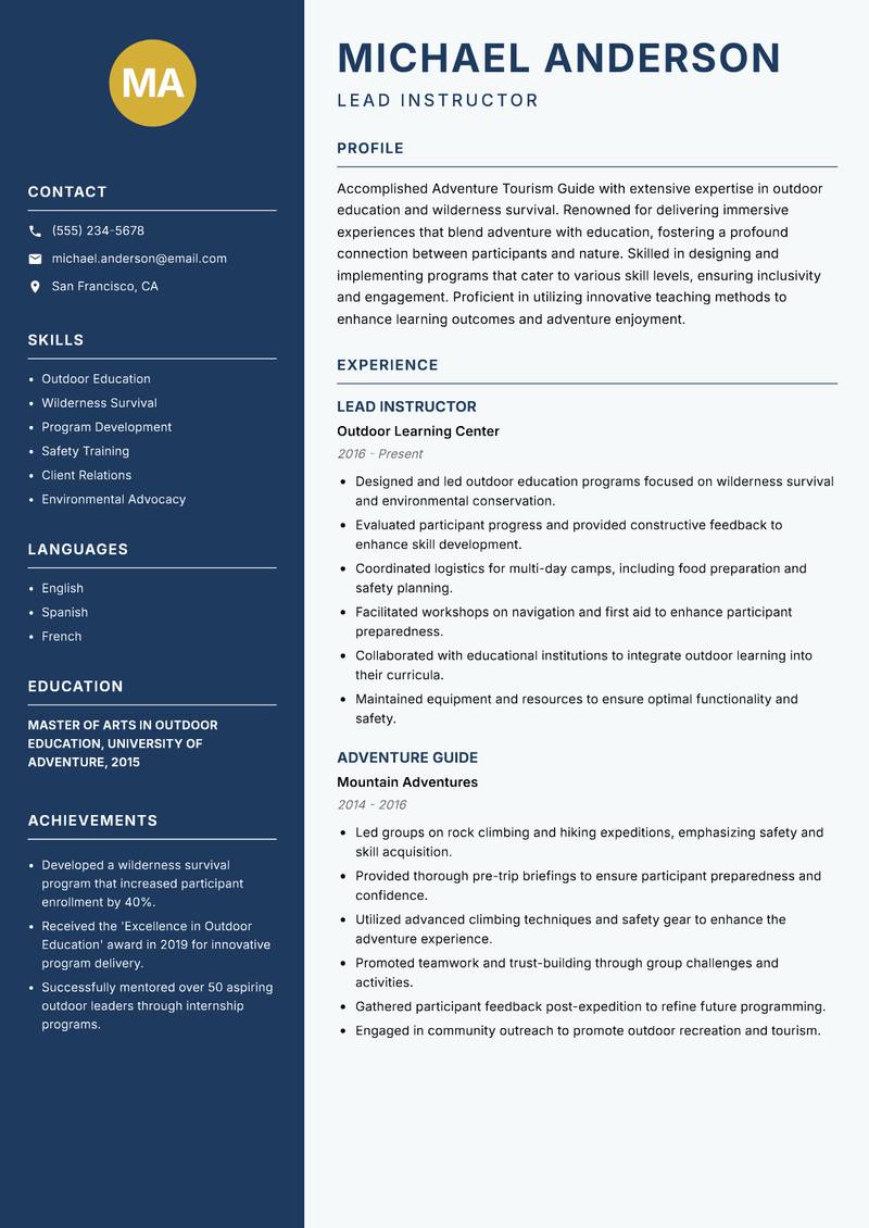 Adventure Tourism Guide resume template — Classic Clean