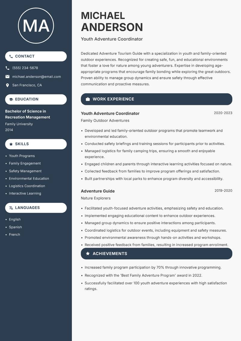 Adventure Tourism Guide resume template — Compact