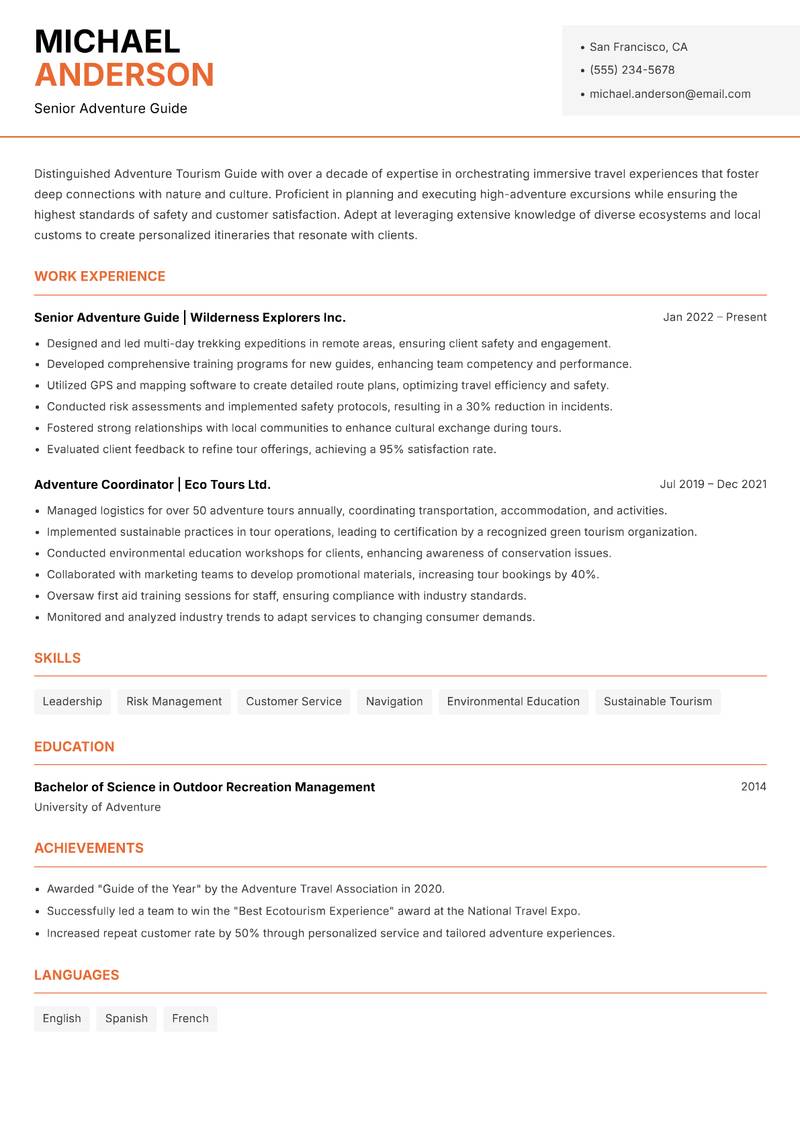 Adventure Tourism Guide resume template — Modern Professional