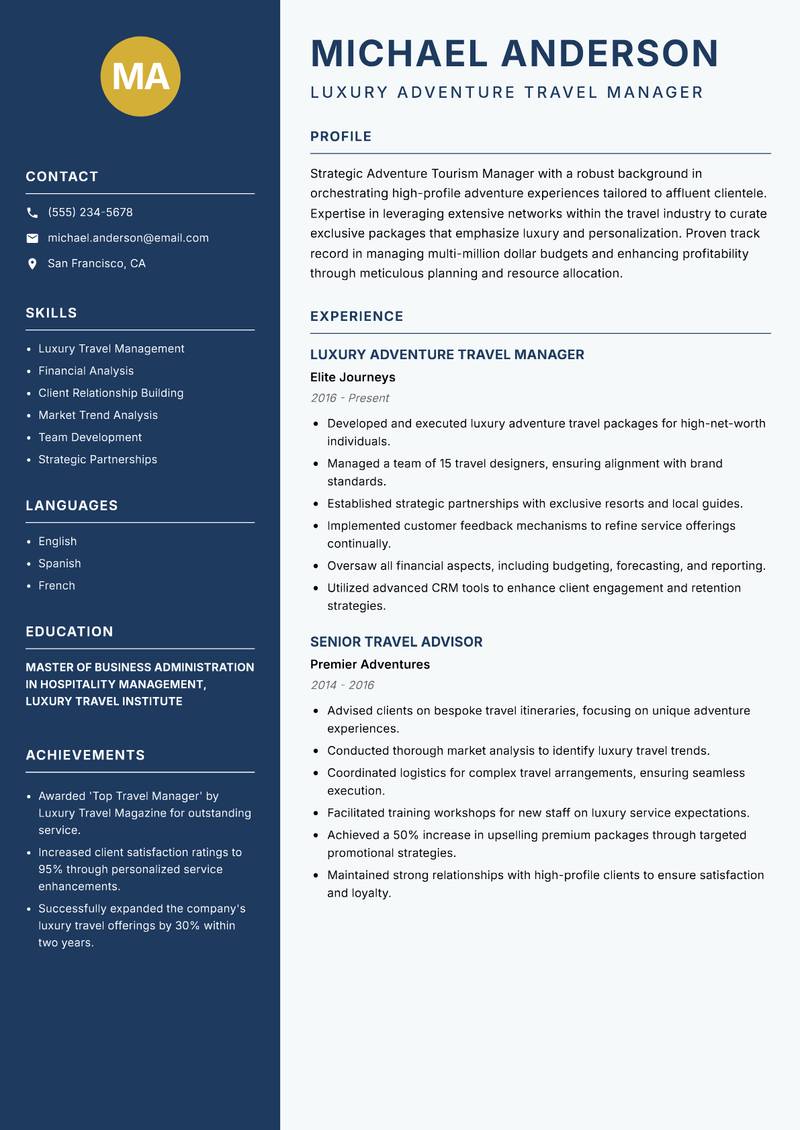 Adventure Tourism Manager resume template — Classic Clean