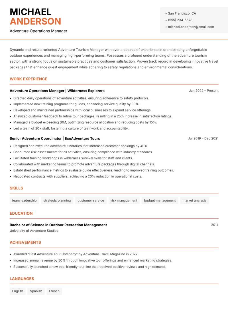 Adventure Tourism Manager resume template — Modern Professional