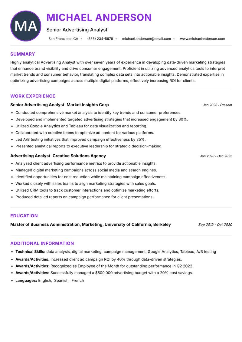 Advertising Analyst resume example — ATS-friendly template