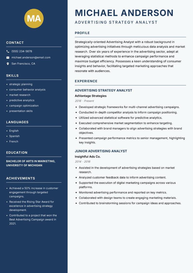 Advertising Analyst resume template — Classic Clean