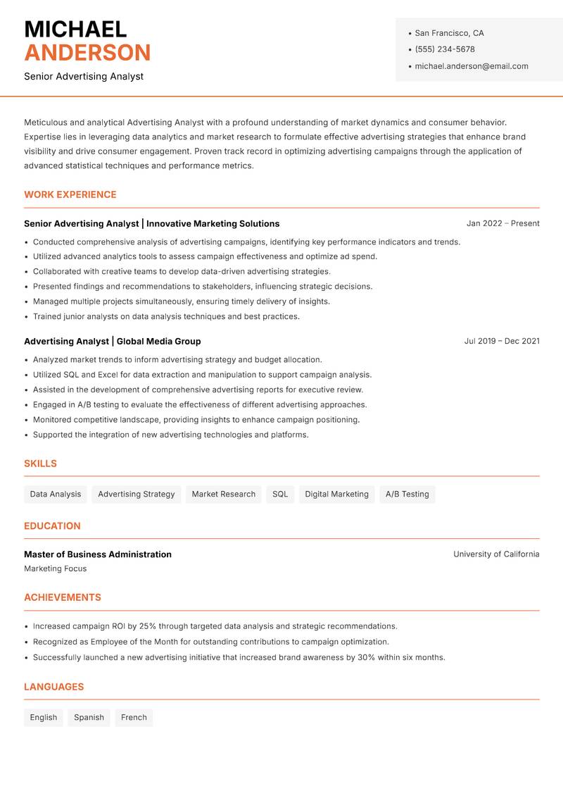 Advertising Analyst resume template — Modern Professional
