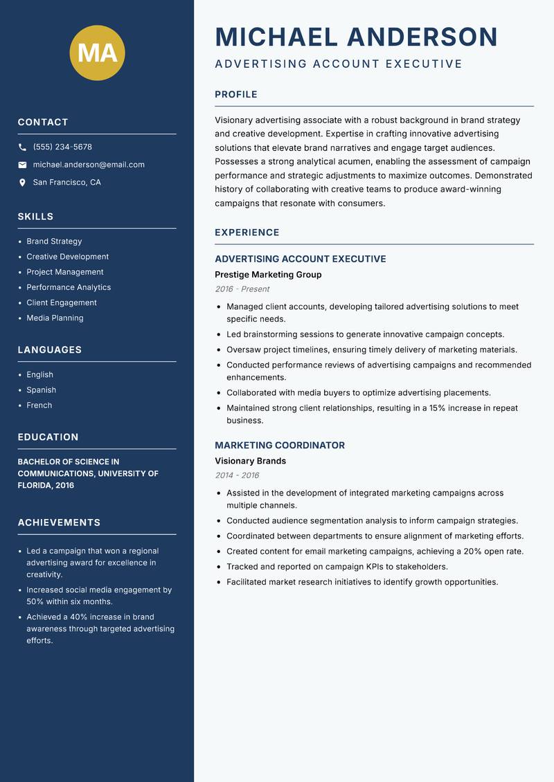 Advertising Associate resume template — Classic Clean