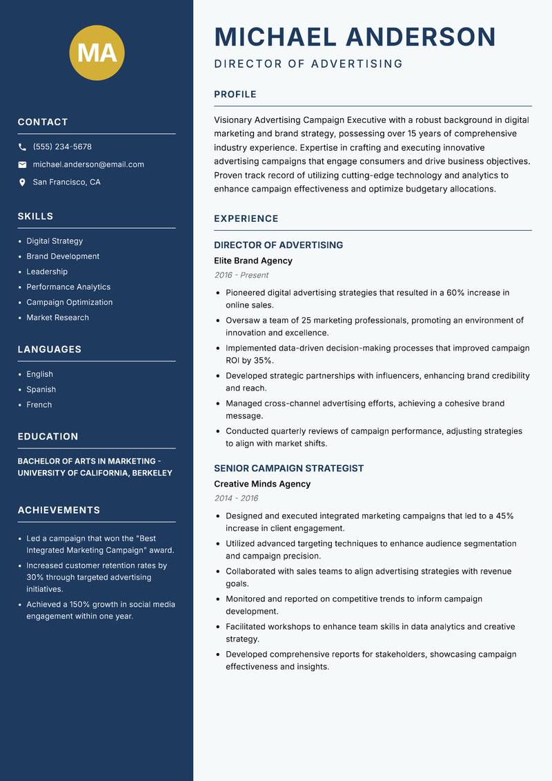Advertising Campaign Executive resume template — Classic Clean