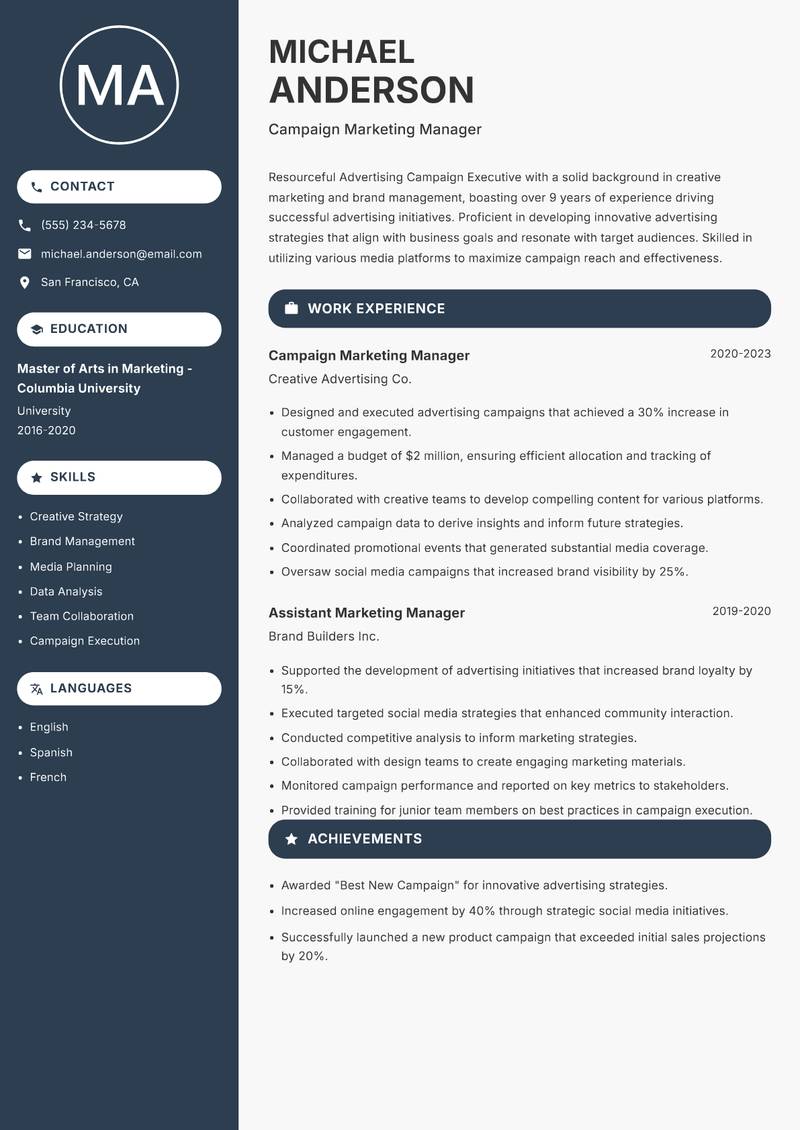 Advertising Campaign Executive resume template — Compact