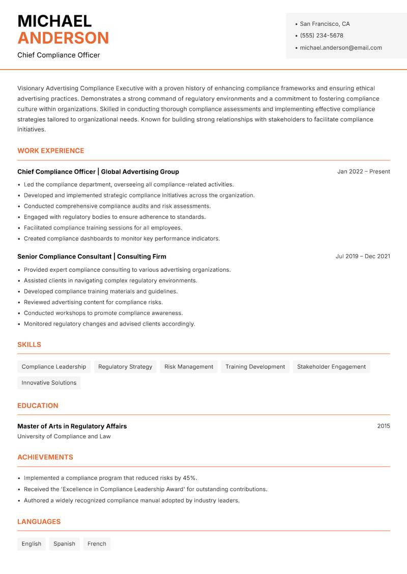 Advertising Compliance Executive resume template — Modern Professional