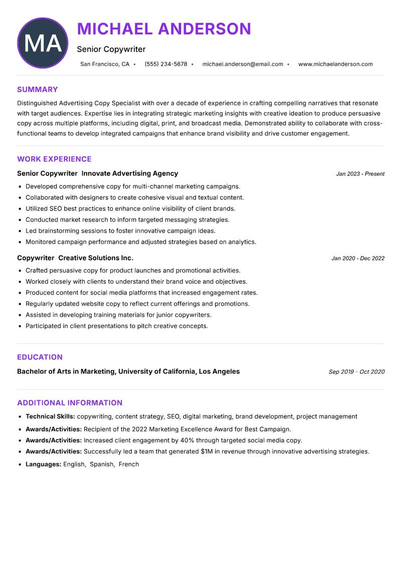 Advertising Copy Specialist resume example — ATS-friendly template
