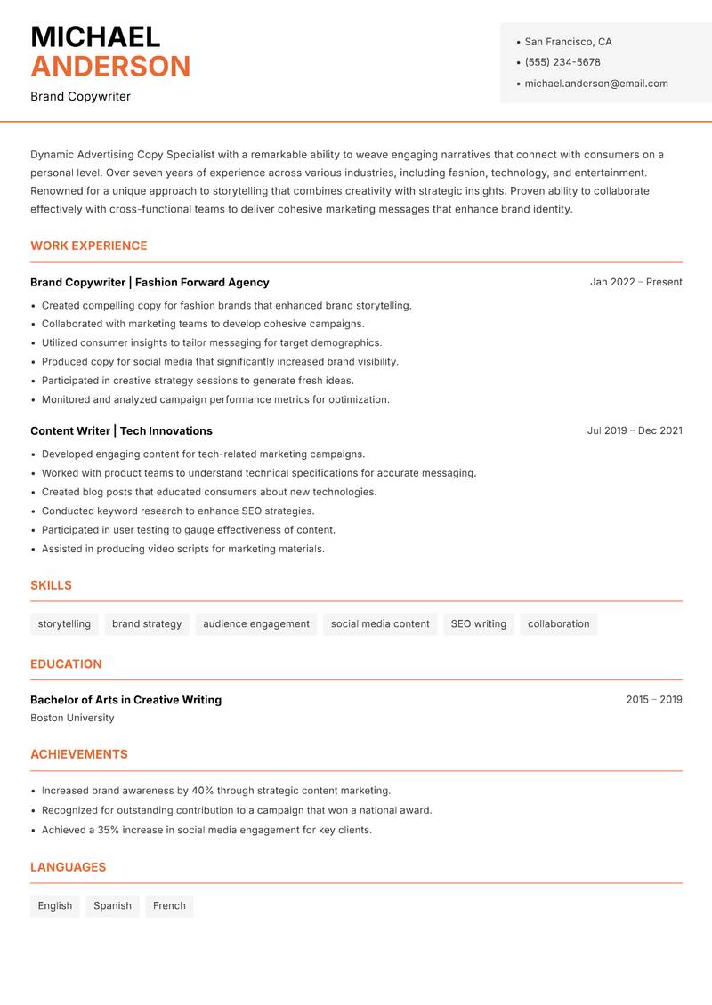 Advertising Copy Specialist resume template — Modern Professional