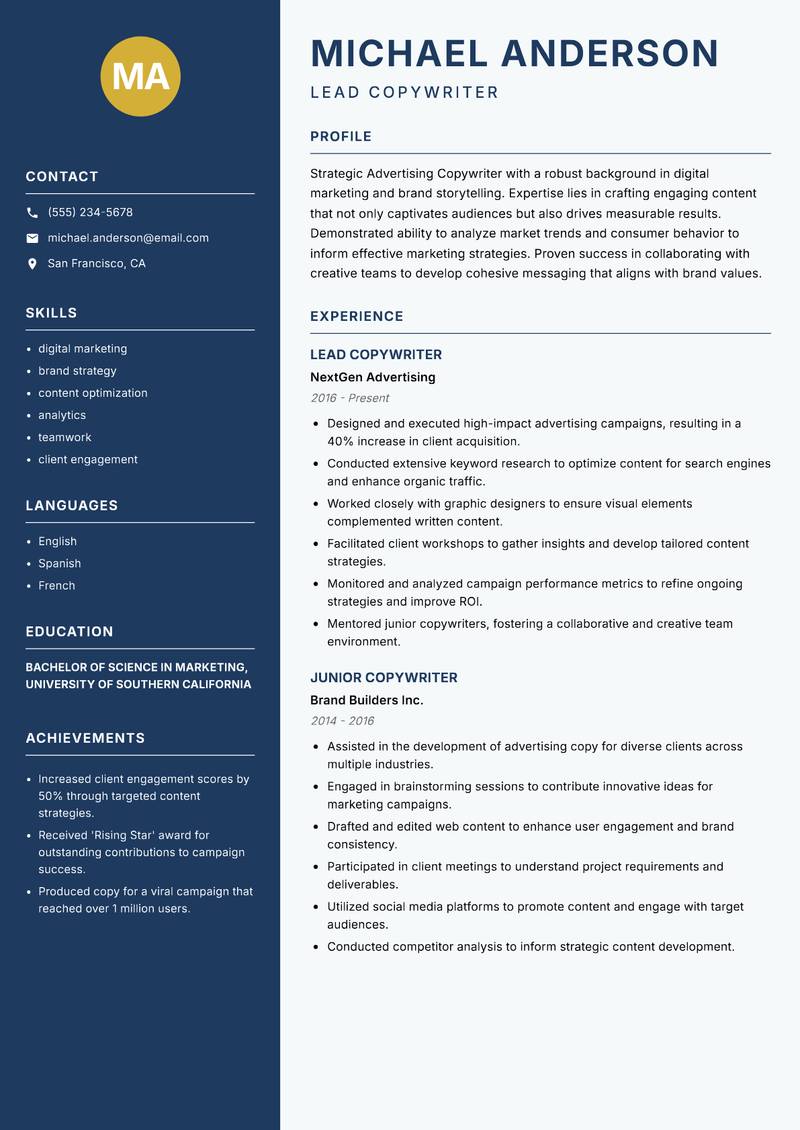 Advertising Copywriter resume template — Classic Clean