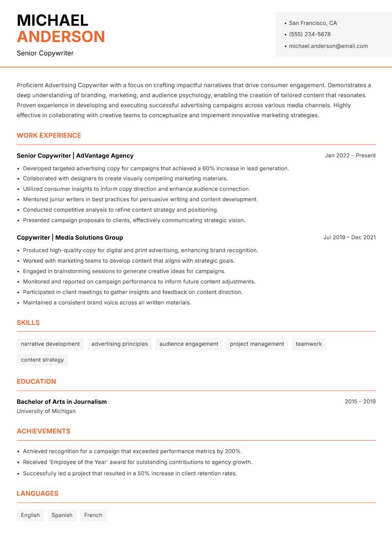 Advertising Copywriter resume template — Modern Professional