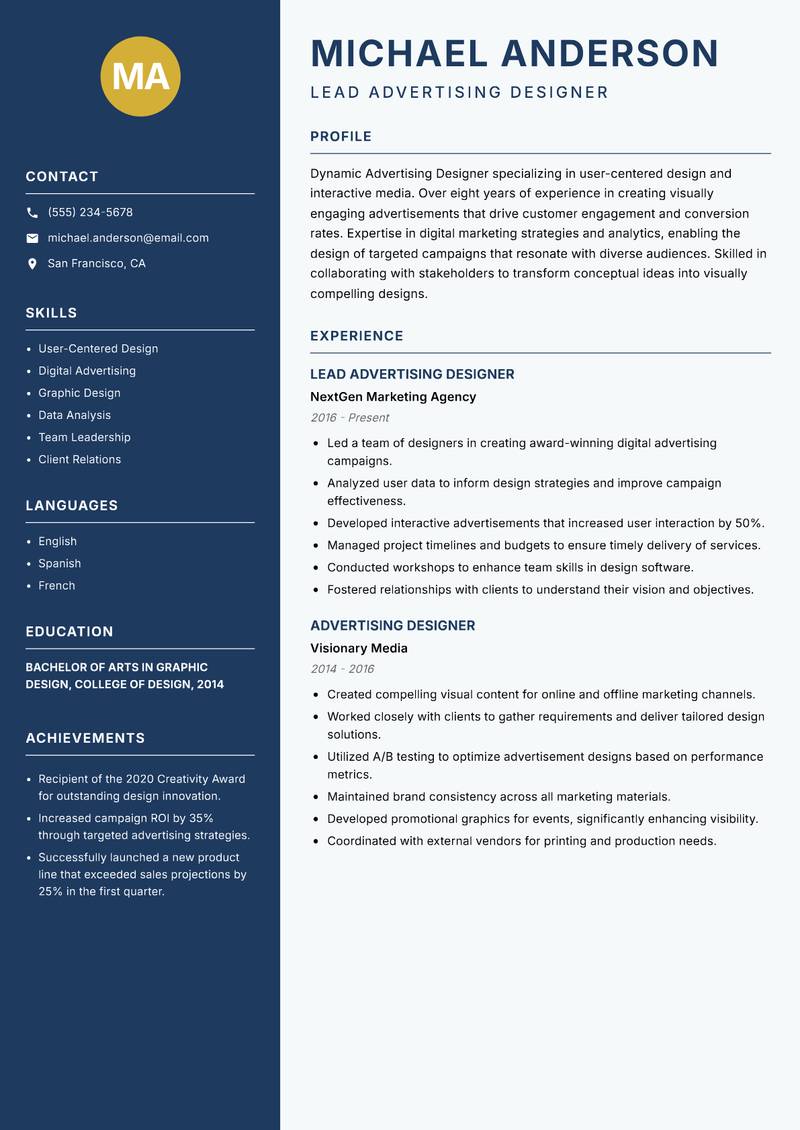 Advertising Designer resume template — Classic Clean