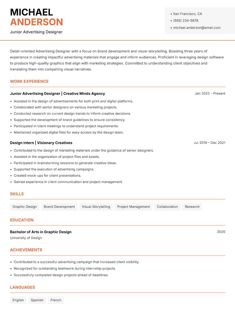 Advertising Designer resume template — Modern Professional
