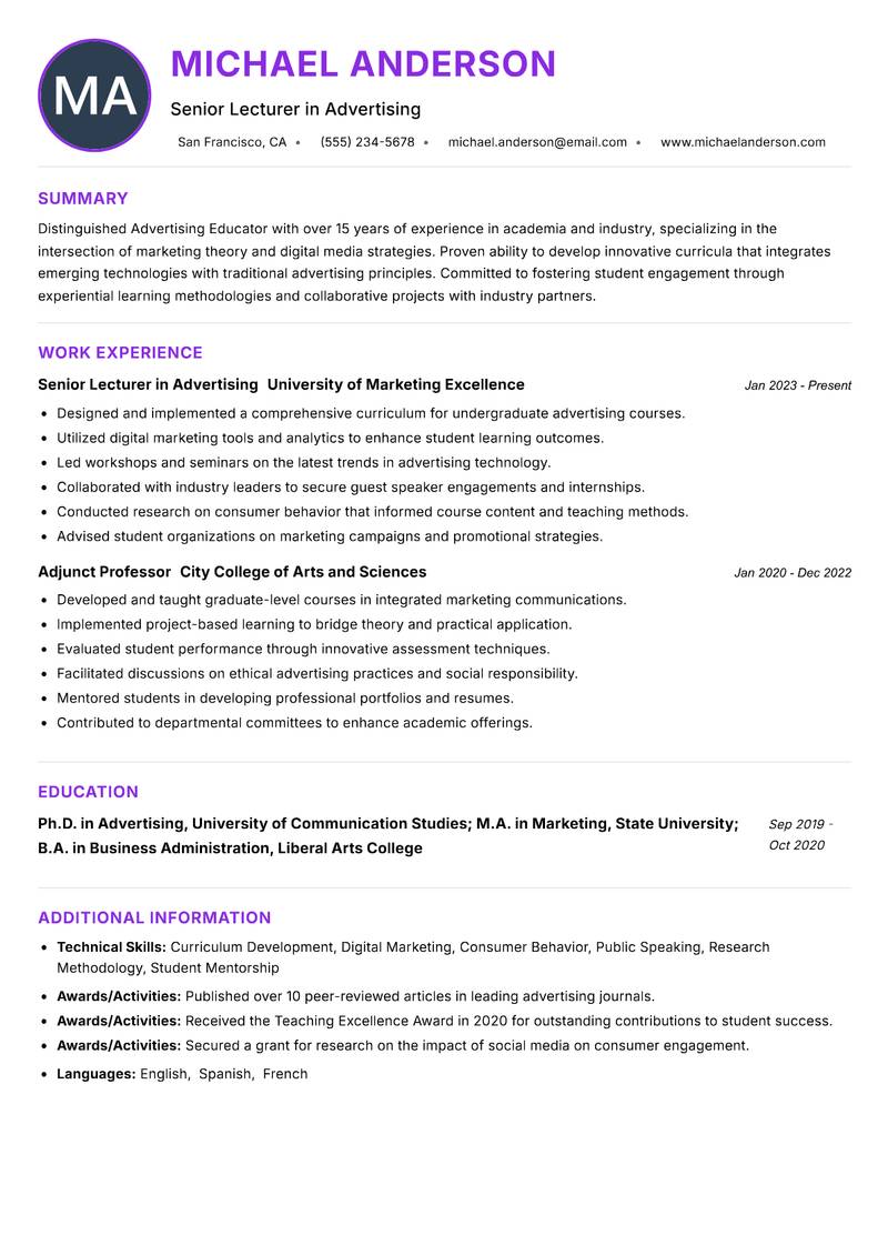 Advertising Educator resume example — ATS-friendly template