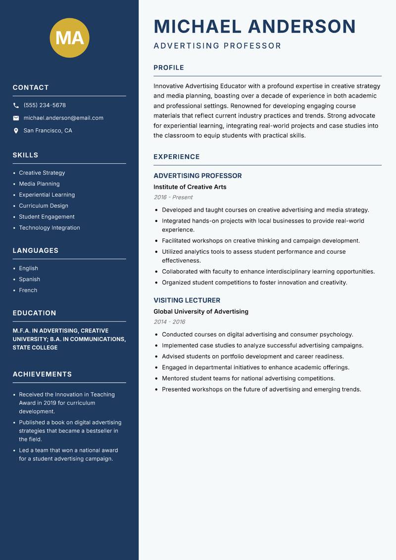 Advertising Educator resume template — Classic Clean
