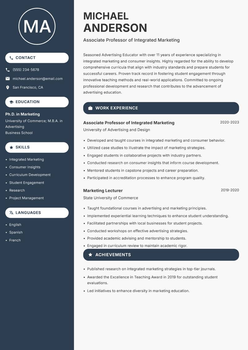Advertising Educator resume template — Compact