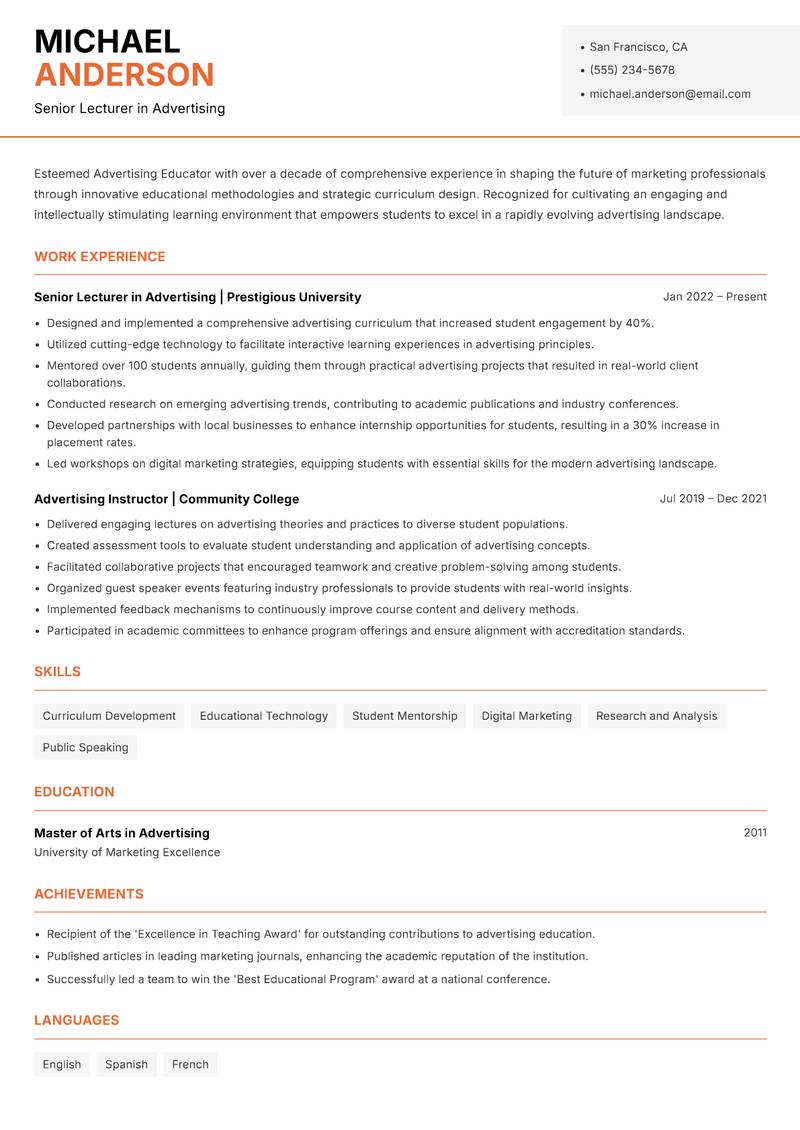 Advertising Educator resume template — Modern Professional