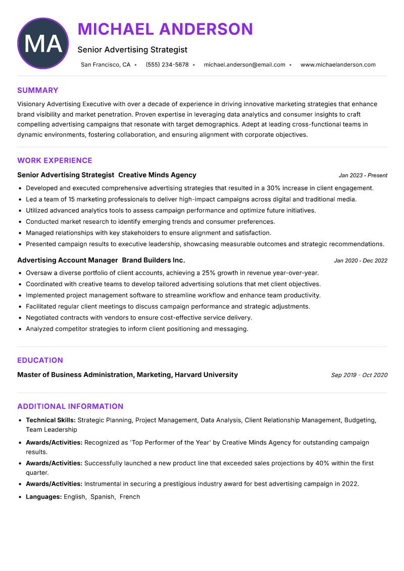 Advertising Executive resume example — ATS-friendly template