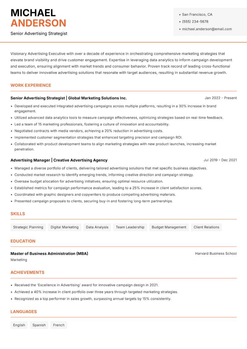 Advertising Executive resume template — Modern Professional